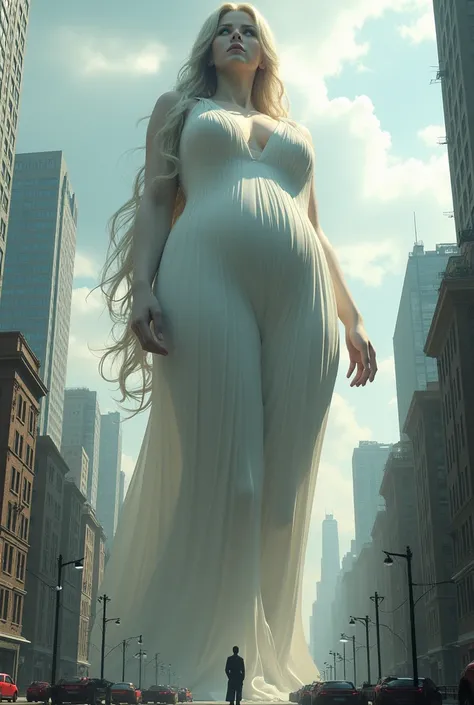 A giant beautiful girl the size of a 40-story building, With huge breasts