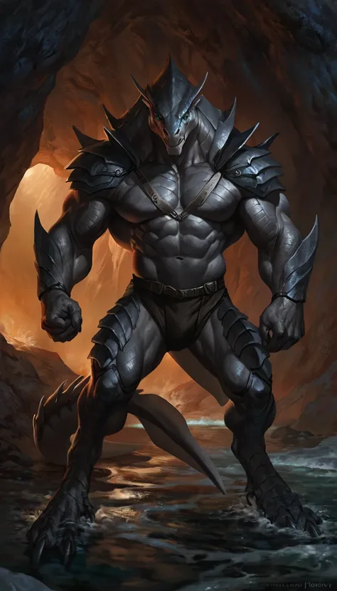 Muscular monster sharkfolk, solo, pants, giant, mercenary, gray body, body made of steel, darker arms and fins, metallic scales, black belly, 1male solo, anthro, fins, muscular, masculine, trapezoid body type, thick shark tail, marked jaw, pecs, pants, ful...