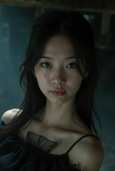 UHD, 8k, ultra detailed, an Asian girl ， a cinematic photograph of Dark Fantasy Art, a girl with Tulle skirt,making eye contact, dark, moody, dark fantasy style, beautiful lighting, great composition