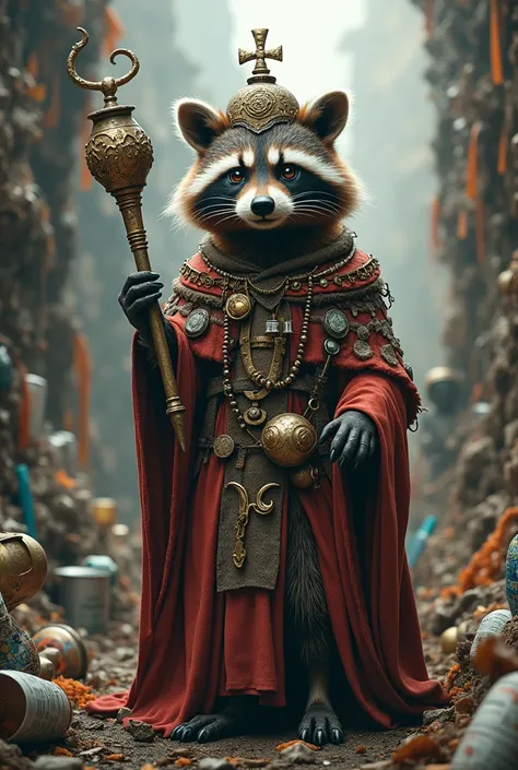 A raccoon dressed like the god of trash cans.