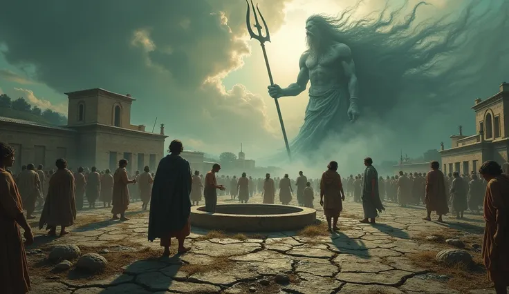 Athens Under Poseidon’s Curse"

    A view of Athens under a blazing sun, the parched land cracked and dry. Villagers gather around an empty well, their faces filled with despair, as the shadow of Poseidon looms ominously in the sky, trident in hand.