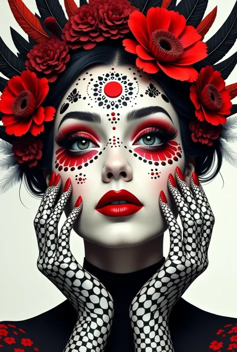 Portrait de femme stylisée  Lœuvre utilise principalement des tons de noir, blanc, et rouge.
Le visage de la femme est au centre de limage, avec un maquillage élaboré. Ses lèvres sont peintes en rouge vif.
Des motifs complexes, tels que des plumes, des fle...