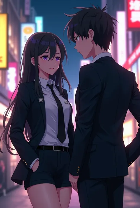 (anime artstyle), she wears white shirt, black tie, and black suit (she didnt button her suit), she wears mini skirt, shes skinny, she have sleepy eyes, she wears clock, she have black long hair, the background is Roppongi at night, shes a baddass, shes ta...