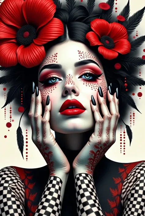 Portrait de femme stylisée  Lœuvre utilise principalement des tons de noir, blanc, et rouge.
Le visage de la femme est au centre de limage, avec un maquillage élaboré. Ses lèvres sont peintes en rouge vif.
Des motifs complexes, tels que des plumes, des fle...