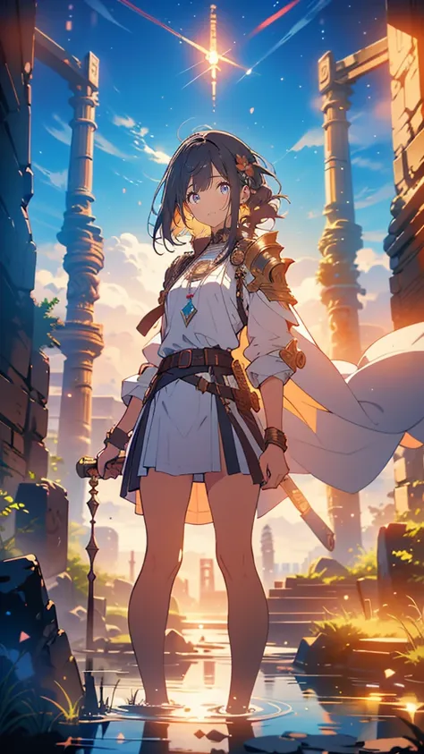 “A young human woman with sharp, inquisitive eyes, wearing a blend of mage robes and modern adventurer gear. Her outfit is practical, designed for both exploration and combat, with magical artifacts hanging from her belt. She holds a glowing ancient relic ...