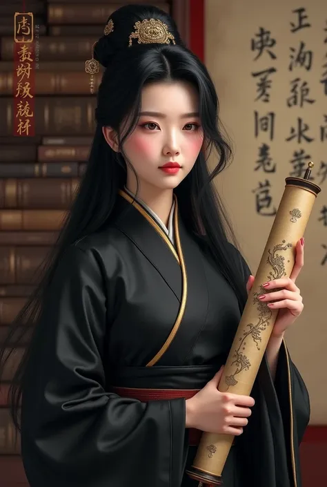 ((best quality)), ((masterpiece)), (detailed), perfect face Photo realistic image of a 21 years old young woman in a black hanfu. Scroll in hand. regal, stern, cold personality, Attractive, long black hair. Looks like Ling Wen from Heaven Official’s Blessi...