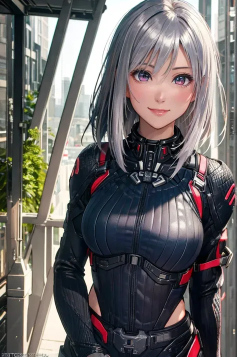 (8k, Photographically,  RAW photos ,  best quality: 1.4), ( 1 girl), Super beautiful, ( realistic face), ( boyish,  silver-colored berry shorthair),  Beautiful Cyberpunk Suit ,  eye that tempts the viewer ,  beautiful expression ,  Beautiful breasts, (  re...