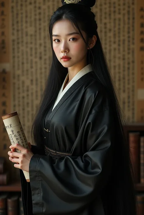 ((best quality)), ((masterpiece)), (detailed), perfect face Photo realistic image of a 21 years old young woman in a black hanfu. Scroll in hand. regal, stern, cold personality, simple hair piece, long black hair. Looks like Ling Wen from Heaven Official’s...