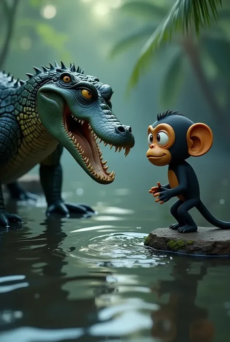 The crocodile disclosing the truth to the cartoon monkey about his wifes desire, with a tense atmosphere around them as the water ripples.