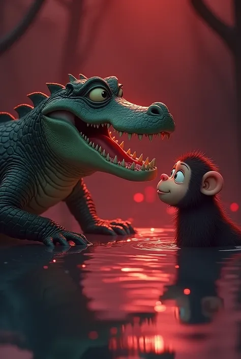 The crocodile disclosing the truth to the cartoon monkey color is meroon about his wifes desire, with a tense atmosphere around them as the water ripples.