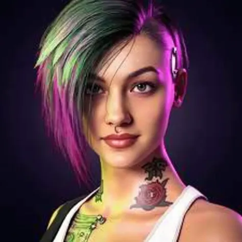 A pretty teen girl with a spiked steel-collar arround her neck, a nose-ring, rainbow colored hair, in a cyberpunk world, with purple and cyan tones
