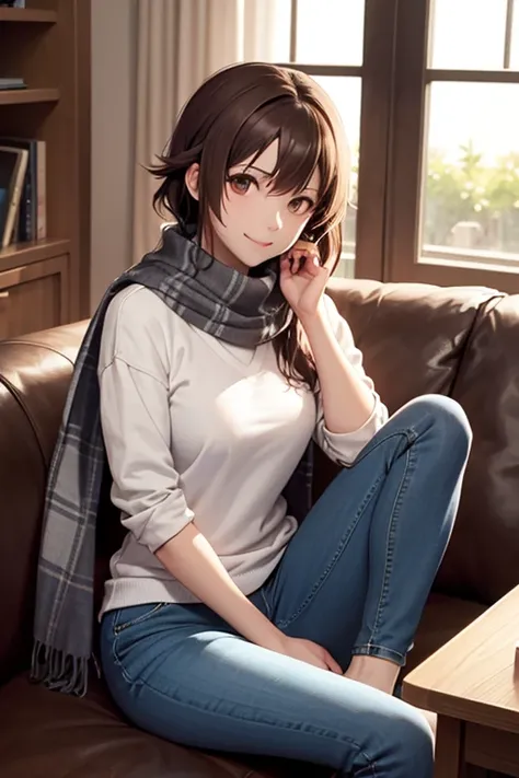 Bell, anime, brown hair, medium breasts, brown eyes, light smile, jeans, scarf, gray sweatshirt, blue pants, sitting, cross-legged, inside a smart home, sitting on the couch, Asada Shinos face, anime Sword Art Online, best quality