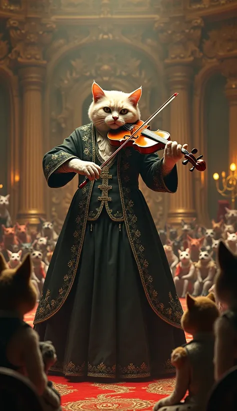 A the biggest and largest humanoid female celebrity cat playing violin and sitting around humanoid different Animals for listening and looking him 