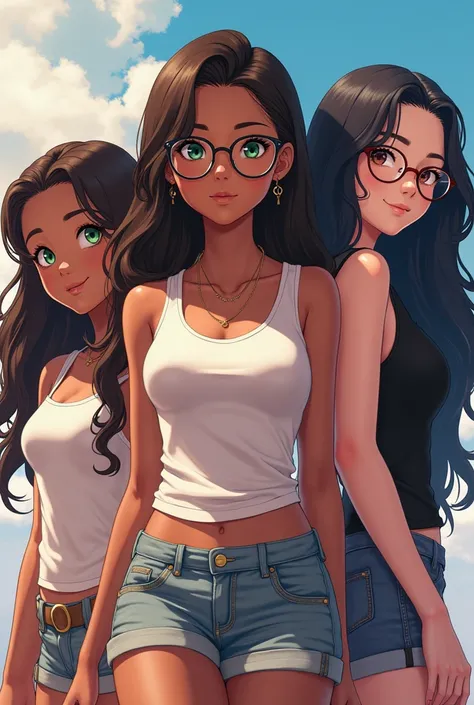 girl 1: brown skin, long brown hair,  green eyes,  small stature.
girl 2:  dark cinnamon skin,  black hair, round glasses. tall stature
Girl 3:  pale white skin ,  long black hair , Medium height.
Do it anime style 