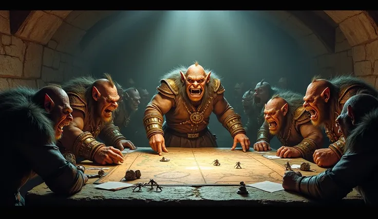 A high-resolution, dramatic image of a dimly lit war room populated by trolls dressed in ornate and rugged generals uniforms, adorned with medals and patches. The trolls have exaggerated features—large tusks, rugged skin, and fierce expressions. At the far...