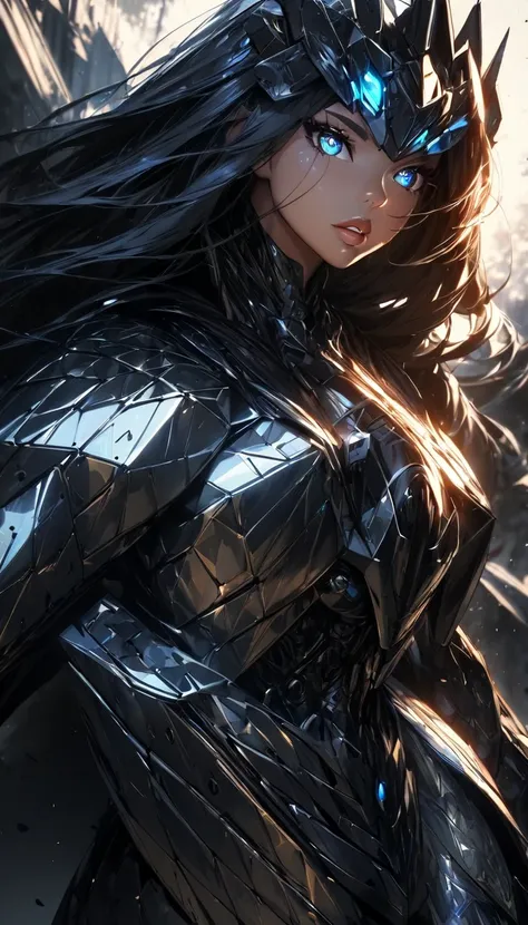 (1 Girl), Long Hair, Big Breasts, Bionic Armor, Green and black metal suit, Robot Girl, steel & Titanium Leather, metal texture, Beautiful Face, Cybernetic Eyes, Clear pupils, Sparkle in the eyes, Perfect hands(Five fingers), perfect body, Beautiful Hair, ...