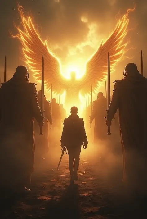 A dramatic and spiritual depiction inspired by Psalm 91: A man walking through a dark and shadowy environment, symbolizing danger and fear. Surrounding him are powerful warrior angels glowing with divine light, wielding swords and shields. The angels appea...