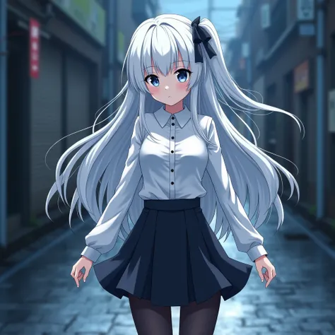 an anime girl, 18 years old, white hair, long hair, blue eyes, serious face, white schoolgirl blouse,  medium bust, black schoolgirl skirt, black tights, schoolgirl shoes, ice power, dark tokyo street, looking at the viewer.