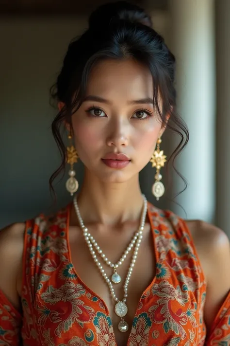 A very beautiful Cambodia woman looking straight to the camera , wearing Cambodia Cultural wear 