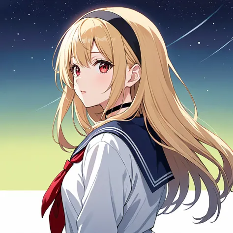 Modern anime style painting, red eyes with bright highlights, unclear because they are looking back, side by side looking up at the night sky, long shot from behind. There is one female character with a 2D anime style. She is a high school student, with lo...