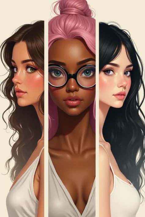 girl 1: brown skin, long brown hair,  green eyes,  small stature.
girl 2:  dark cinnamon skin, pink hair round lenses. tall stature
Girl 3:  pale white skin ,  long black hair , Medium height.