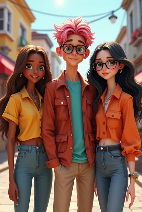 girl 1: brown skin, long brown hair,  green eyes,  small stature.
girl 2:  cinnamon-skinned boy, pink hair and nerd . tall stature
Girl 3:  pale white skin ,  long black hair , Medium height.
 glasses, all three of them wear very stylish clothes and are sh...