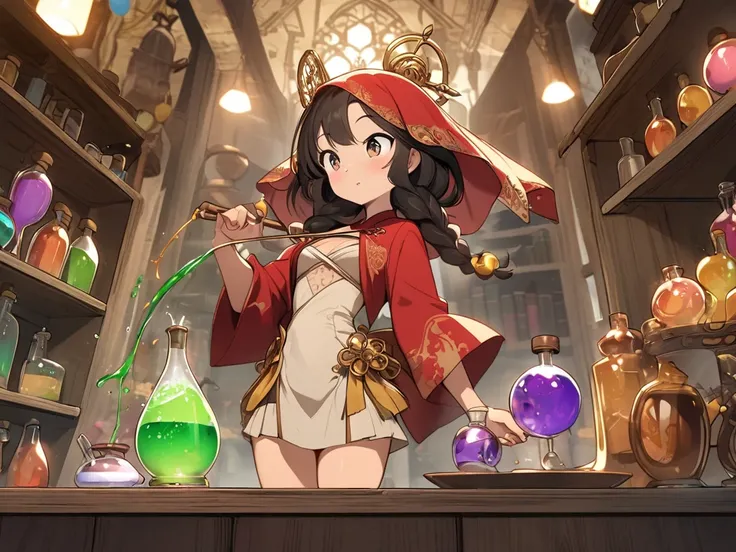 A Japanese anime-style character design, a tanned beauty with exotic alchemist attire: a fur wrap, silk chest band, and a red veil adorned with golden trinkets. She stands in an alchemy lab with shelves of strange potions. Small, playful fairies tug at her...