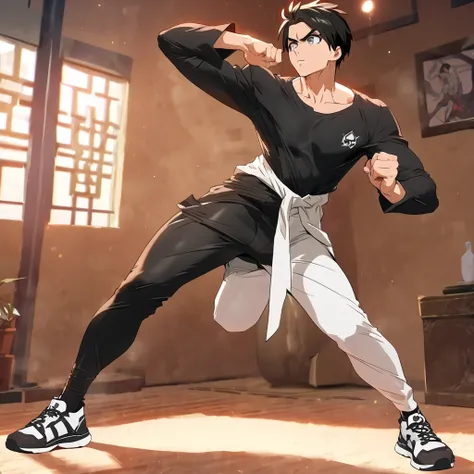 anime 2d, best quality, Eren Jaeger adult, man, best Definicion, cuerpo musculoso, a tight long sleeve black shirt ,  loose fitting white martial arts pants ,  a black girdle around the waist and tai chi sneakers on the feet, pose de artes marciales, High ...