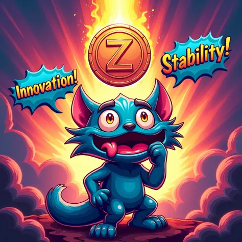 Zoth’s mascot in a playful, exaggerated “thinking face” meme pose with a holographic ZeUSD token spinning above its head. The background is a colorful burst of light with text overlays like “Innovation!” and “Stability!” in vibrant comic-style fonts.

