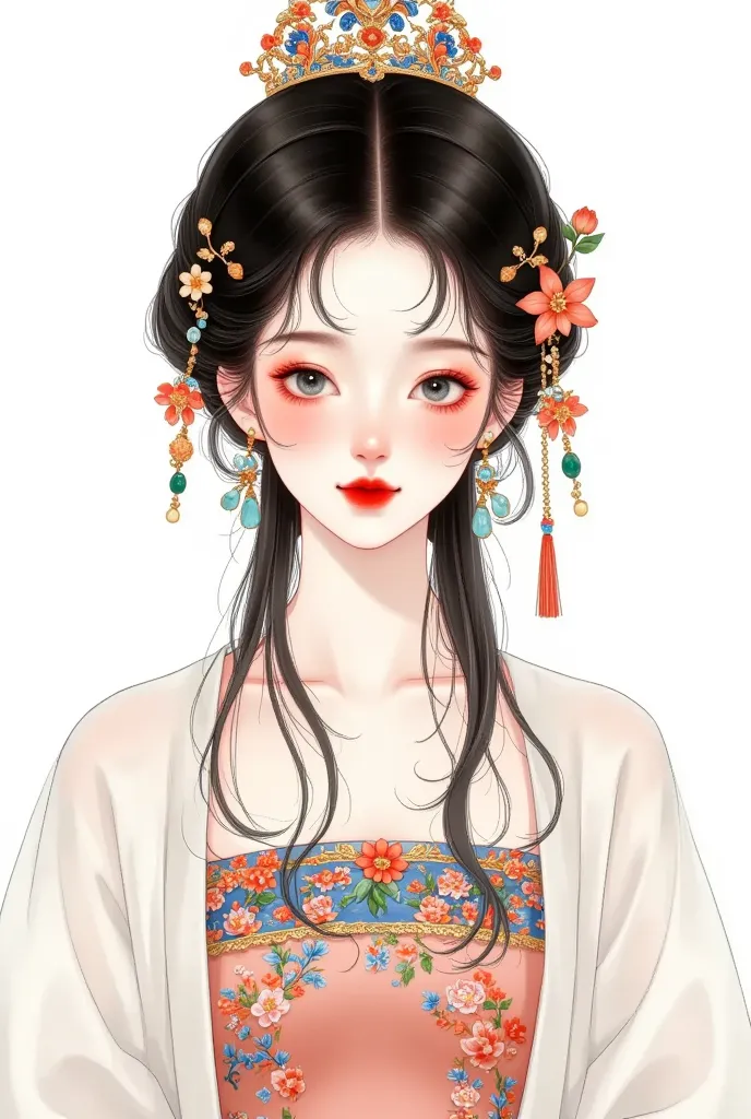 1 girl,bead,black eyes, dark haired,, chinese clothes ,shut up,skirt,earrings,gem,jewelry,lips,lipstick,long sleeve, view audien...