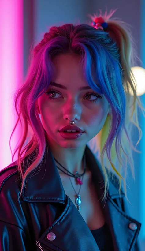 A pretty teen girl with a nose-ring, rainbow colored hair in raider style, in a cyberpunk world, with purple and cyan tones in 8k
