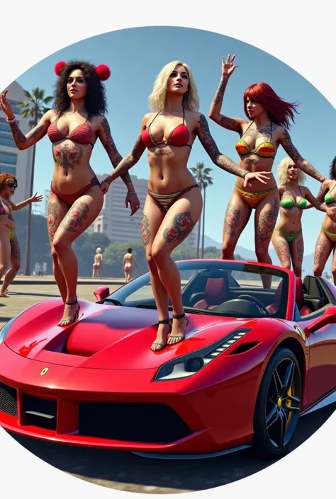 Generate a realistic round image of GTA5 in the background, place several women tattooed with clowns on their bodies, bellies, arms, legs and a small tattoo heart under their eyes in beachwear dancing on top of a red Ferrari car 