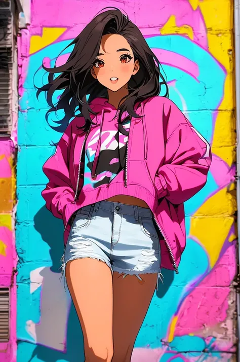  "Yuri is a vibrant and confident anime-style girl with long, straight black hair and large expressive brown eyes. She has a sun-kissed tan skin tone, glowing with warmth and youthfulness. Her lips are full with a natural pink tint, and her facial expressi...