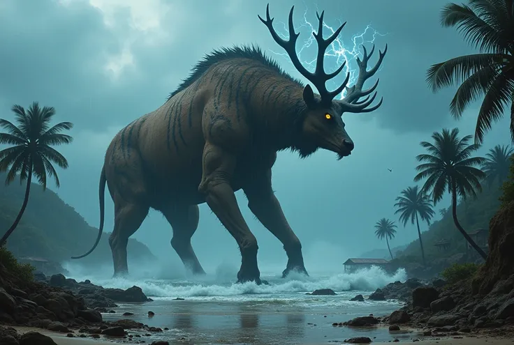 "An enormous humanoid kaiju inspired by the Timor deer looms over the storm-battered shores of Gili Trawangan. Its towering frame is covered in coarse, mud-brown fur streaked with dark, rain-soaked markings. The kaiju’s elongated, deer-like head is crowned...