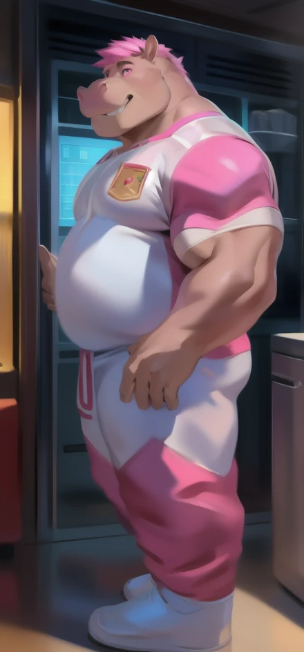 Solo, male Tall​,Huge body, Stand upright, It is a food server., ice pink, hippo, Pink military spacesuit ,overweight, muscular,Wear a bandage, strict, by chunie,Pink hair, pink eyes, short 