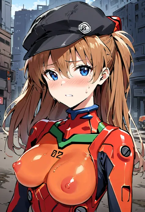 (  Masterpiece ,  best quality:1.2),  1 girl, Alone,  Soryu Asuka Langley ,  Neon Genesis Evangelion, Cat hat,  PLUG SUIT,  pilot suit in the ruins of the city,  red bodysuit ,A black hoodie with a zipper on top of them 、Busty、Puffy Breasts 、 bloated nippl...