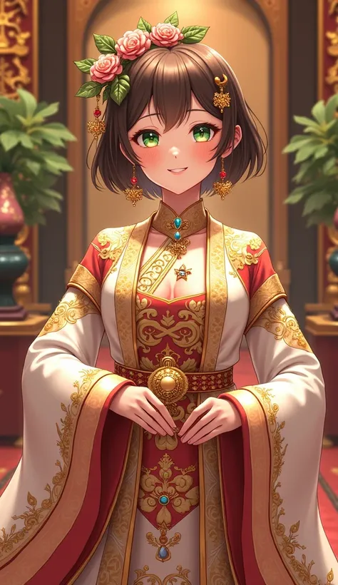 Design a cheerful fortune girl with short brown hair, bright green eyes, and a luxurious, wealthy appearance. She wears a grand costume made of intricate fabrics, adorned with shimmering gold embroidery, precious gemstones, and fine jewelry. Standing in a ...