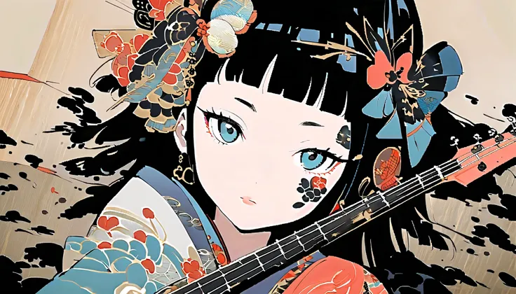 (((Ink Painting))),  fashion portrait color photo playing electric bass, ((( 1 girl))), ((( face tattoo))), (((Gorgeous hair accessories))), Japanese style headphones,  face close-up,  Japanese beautiful girl ,  black hair, Delicate and precise,  modern Uk...