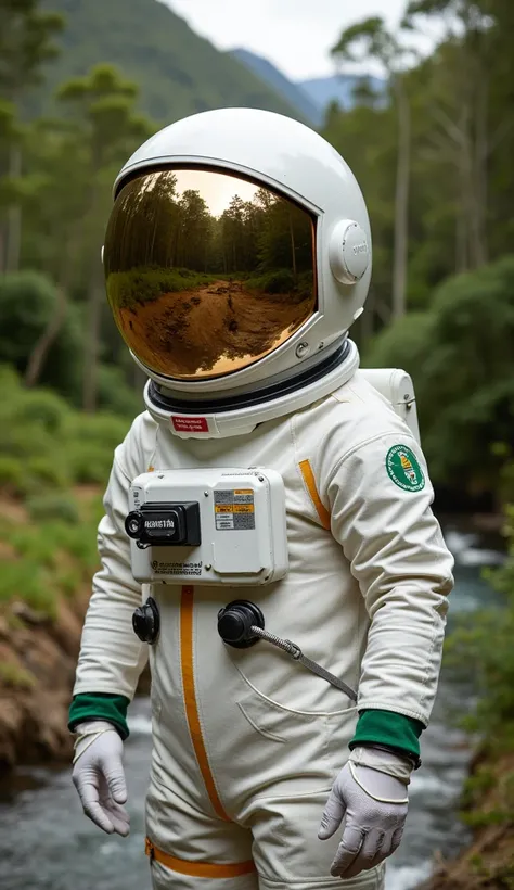 Chandless National Park , acre
"Astronauta no Chandless National Park , acre,  surrounded by dense rainforests and flowing rivers .  The astronaut wears a white suit with green and yellow details , inspirado nas cores da bandeira do acre.  The mirrored hel...