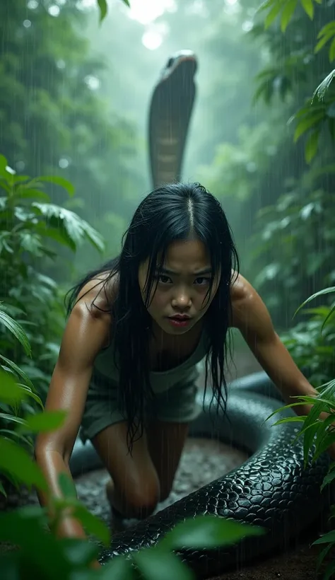 (8k, best quality,masterpiece, ultra highres:1.2), young Korean woman, long black hair, crawling away from the river With great difficulty, he was scrambling to crawl on all fours to climb up the bank. To escape death to the utmost screaming and yelling Fr...