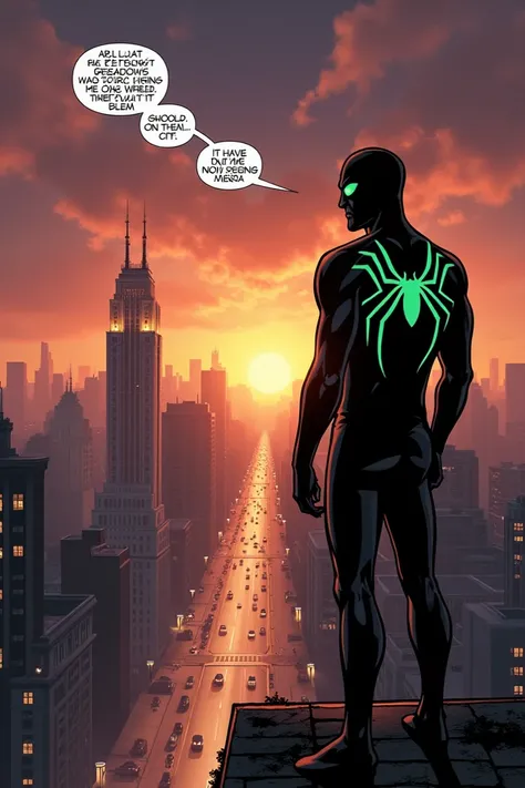 “A city skyline at dawn with Webbing Man standing on a rooftop overlooking the city. He wears a black mask with green eyes and a black suit with a green web symbol. The streets below are empty, the city quiet. The sky is a mix of orange and purple hues, sy...