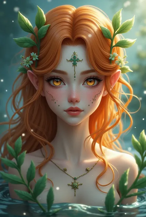 In Arcane universe, half orange - half brown hair agender nonbinary person, has water control power, has nature symbols on face, has brown eyes, cute face, has calm aura