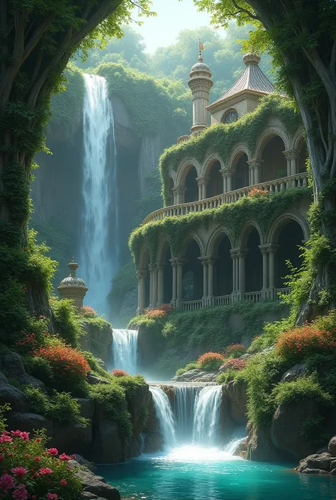 Envision a hidden palace enveloped by a waterfall, its waters spilling over lush greenery. The palace, covered in moss and enchanting flowers, features grand arches and intricate stonework that speak of its luxurious past. As the water splashes, tiny rainb...