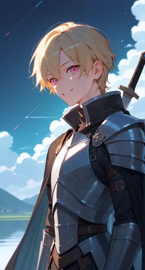  magical pretty night sky green stream overlay scene),soft light, Epic scenery ,  solo , (1 male 1:2) ,  smiling expression , masterpiece,  high resolution, blonde short hair,  pink eyes,  black outfit ，cloak，knight armor，sword，knife， white skin, mystery, ...