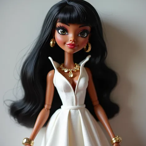 Bratz doll olive complexion dark eyes black hair and bangs bangs small nose big lips white dress gold jewelry