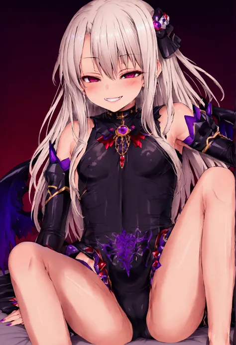 mamimi style, detailed anime girlsXL, Illyasviel von einzbern, corruption, empty eyes, half-closed eyes, evil grin, dark magical girl, sitting down, legs in the air, bedroom background