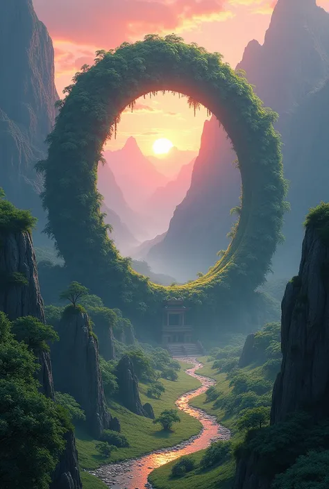 Cette image illustre un paysage fantastique et majestueux. Au centre, un immense anneau de pierre, couvert de mousse et de végétation, encadre une vue spectaculaire sur des montagnes escarpées et un ciel coloré par un coucher de soleil. Un chemin sinueux e...