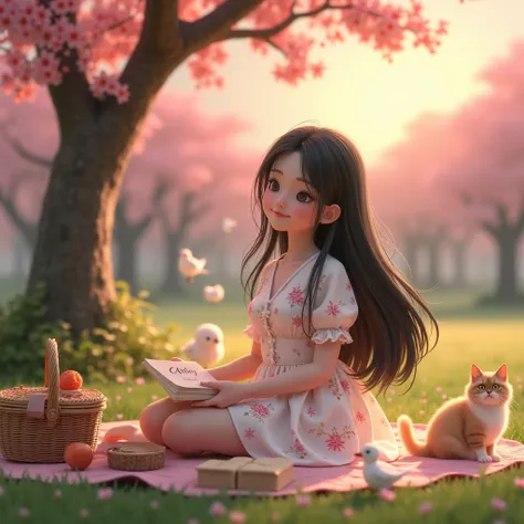 A 3d realistic woman, black hair color, holding a picnic basket, reading a book, with a floral dress, sitting under the cherry blossom tree, theres a sunset, with a cat and birds, had a name on her dress "Cheng" with a font