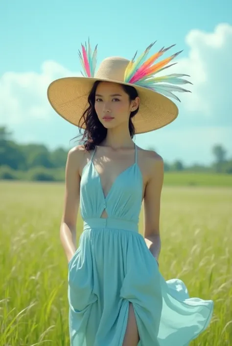 Realistic beautiful woman wearing a light blue dress, wearing a hat with a wide brim, decorated with feathers, is standing in a wide meadow and a gentle breeze blows.
Cinema-level, highest resolution sharp images
