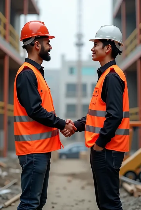 1 customer ,  1 service provider,  shaking hands ,  on a construction site ,  high visibility vest . Met limage téléchargé comme logo floqué sur les  high visibility vest 